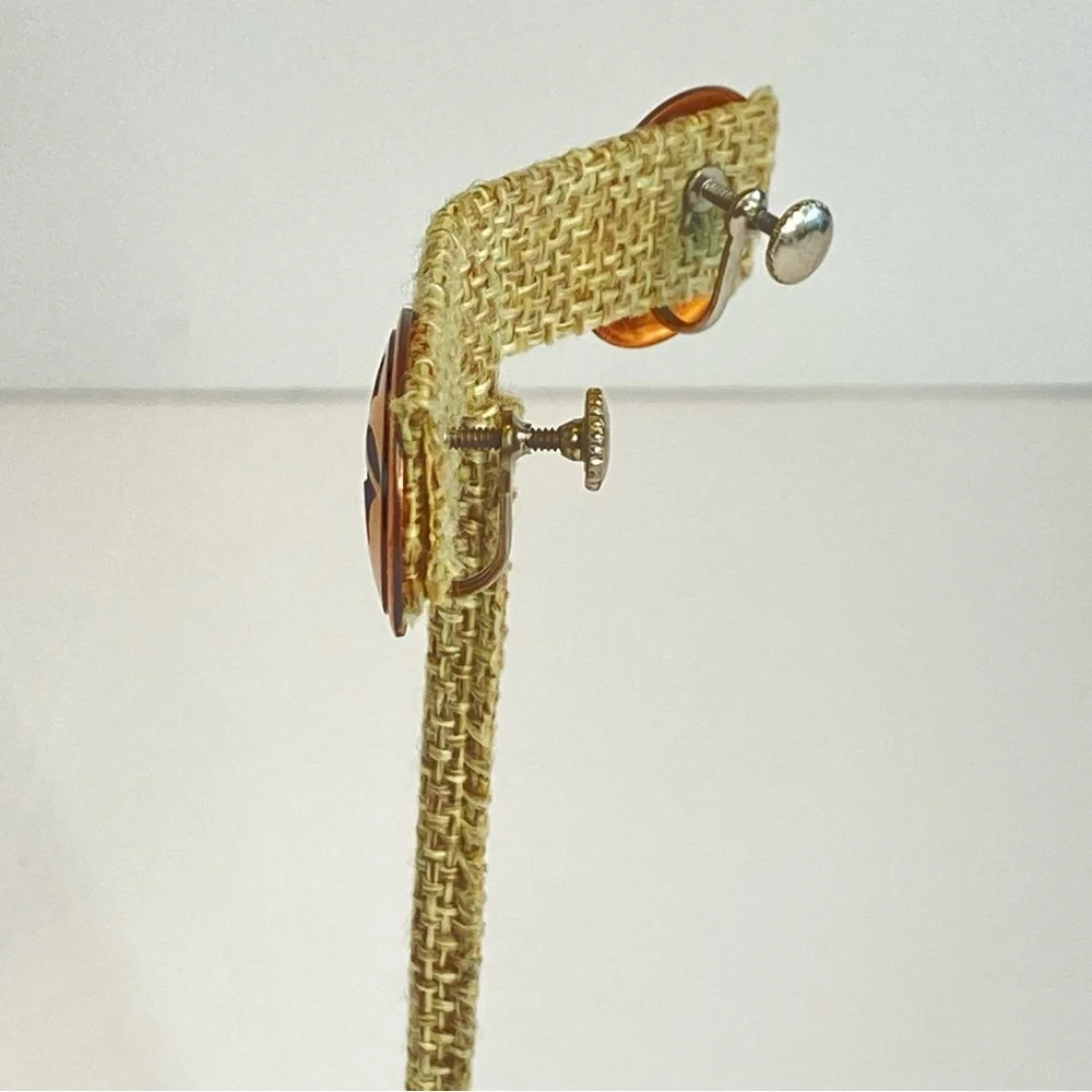 Vintage Copper‎ Screw Back Earrings Bird Design Round Disc